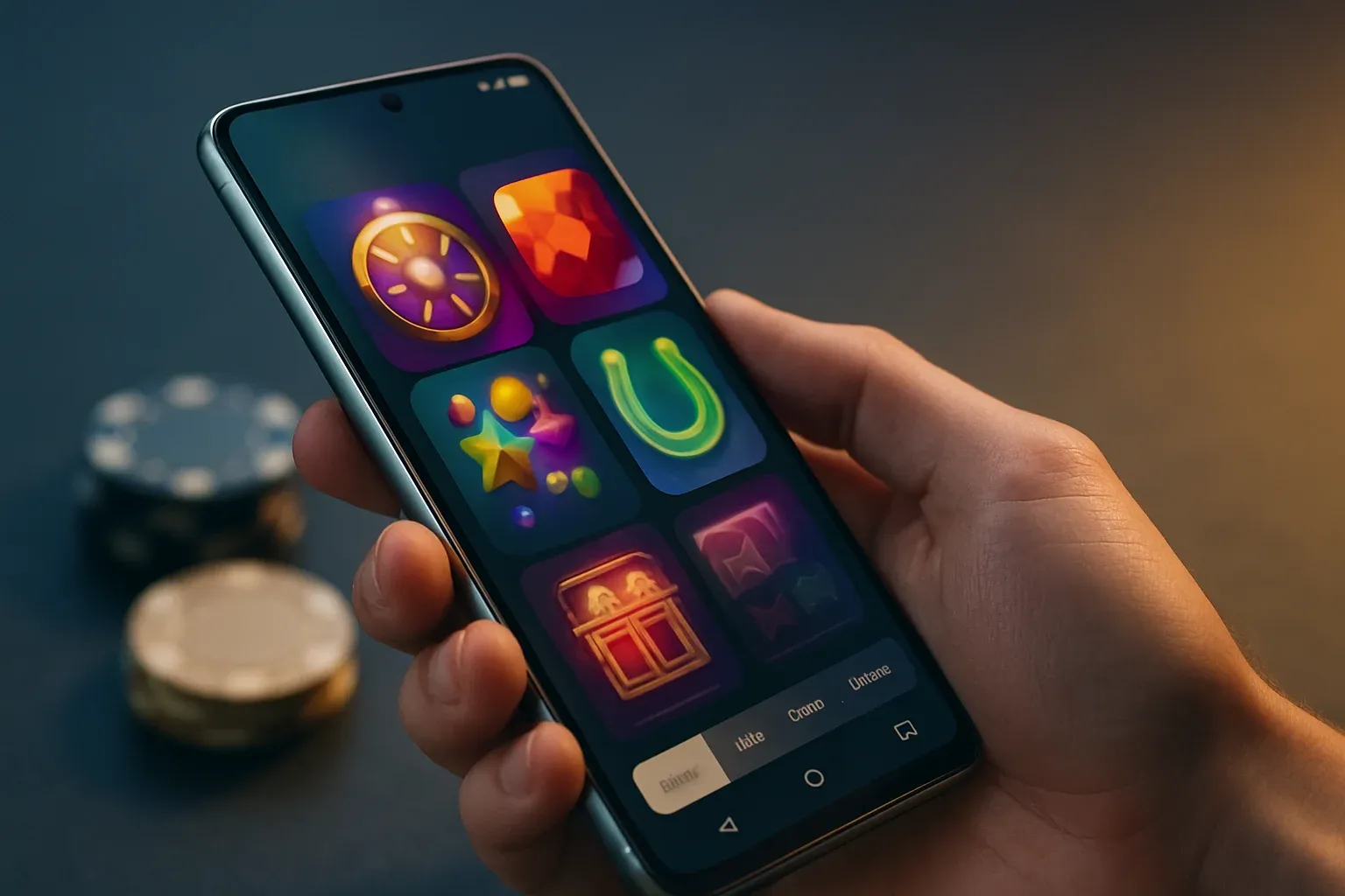 Flagship Android smartphone displaying vivid casino app interface in dramatic lighting