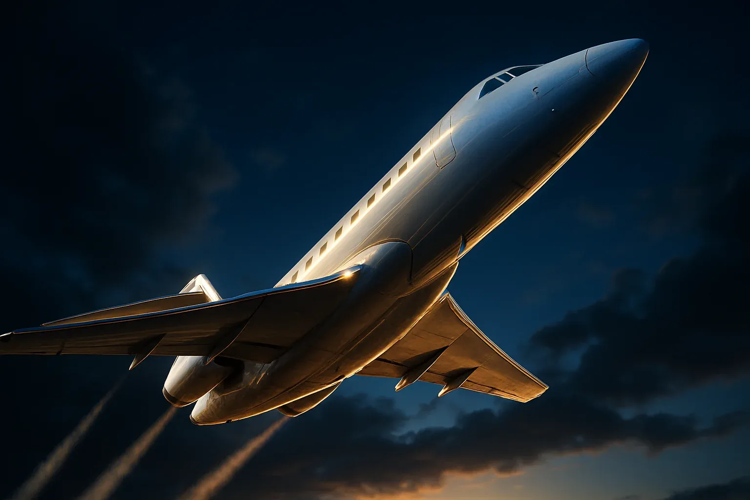 Sleek white jet aircraft climbing steeply in dramatic blue sky