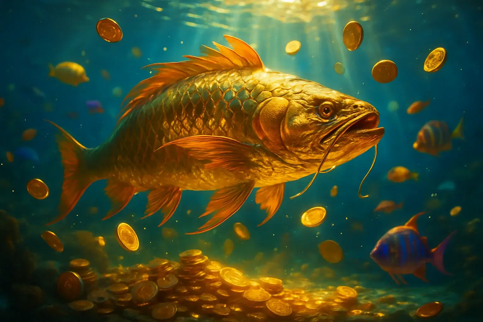 Massive golden dragon fish underwater with glowing coins and treasure