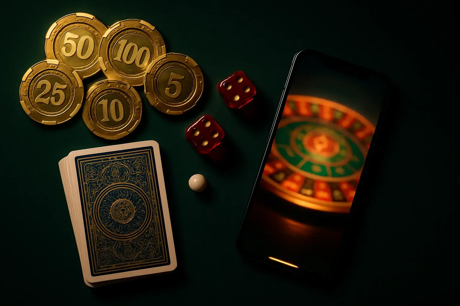 Top-down premium casino table with gold chips, cards, dice, roulette ball