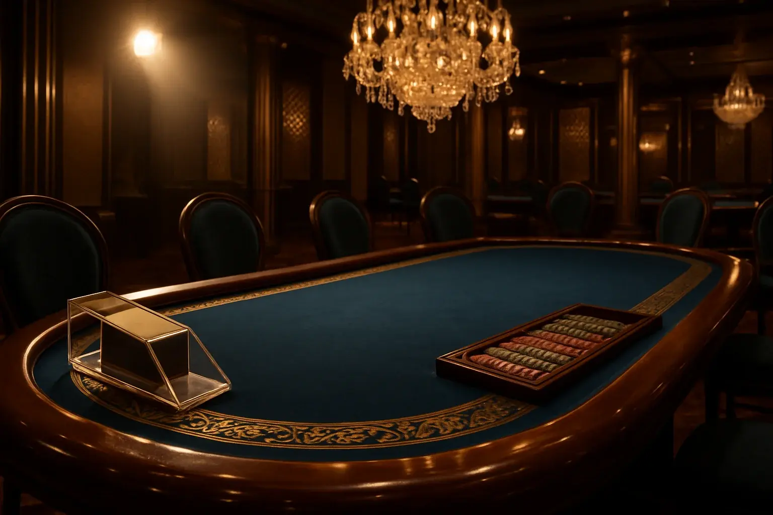 Hyperrealistic live baccarat studio in the Philippines with blue felt table
