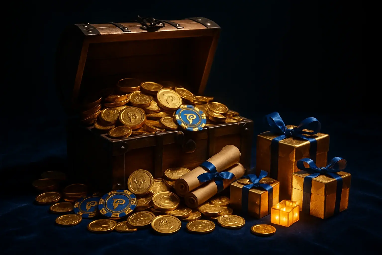 Overflowing treasure chest with gold coins, casino chips, vouchers, and gifts