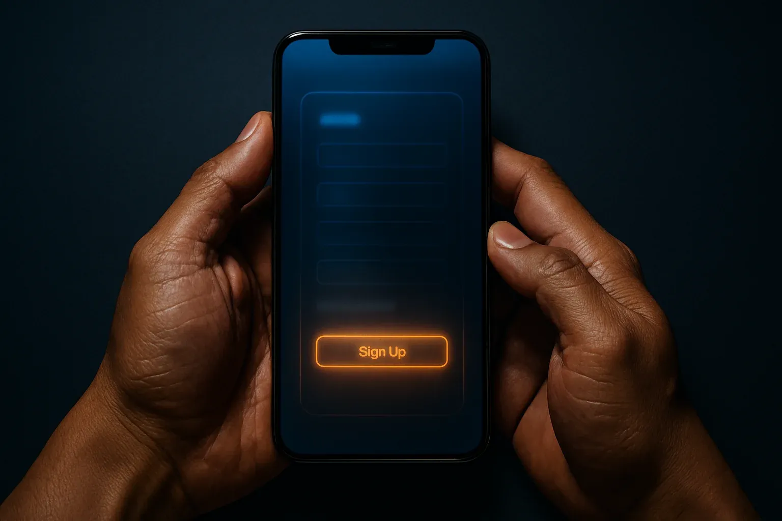 Filipino man's hands holding smartphone with glowing registration interface
