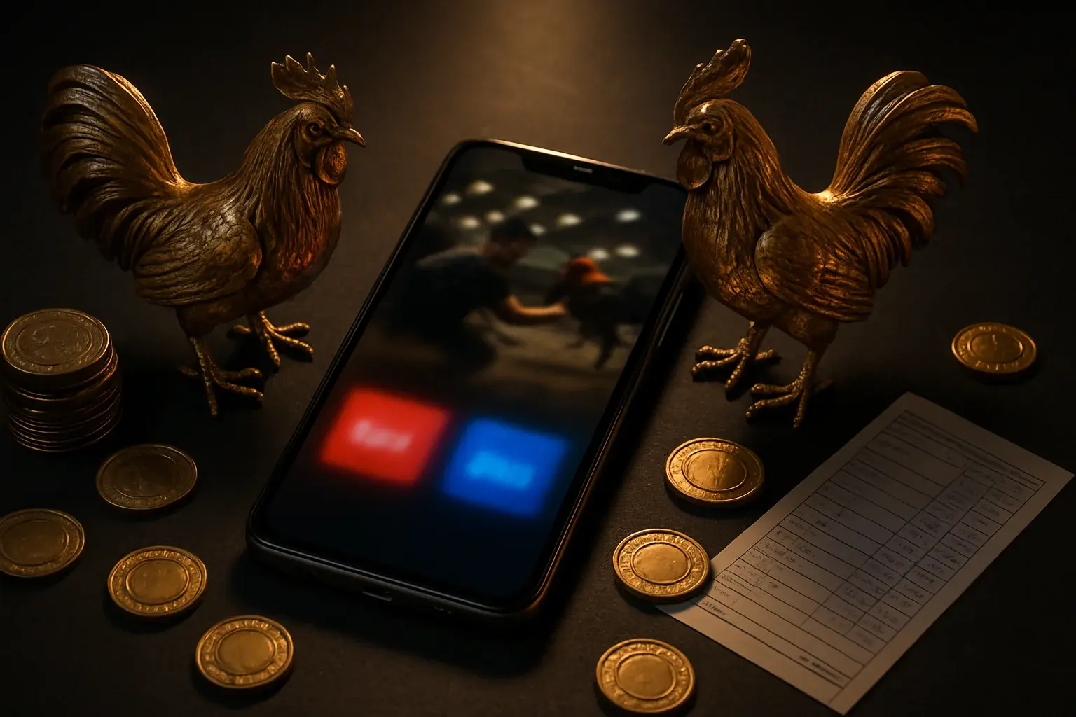 Smartphone with sabong betting interface, golden roosters, coins, and chips